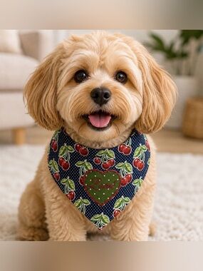 Handmade Blue Cherry Print Dog Bandana with Loved Green Heart Accent - size Med